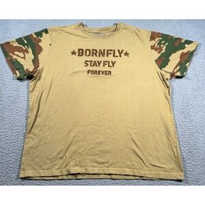 Born Fly Stay Fly Forever T Shirt Womens 3X Yellow Cotton Crew Neck‎ Camo Sleeve